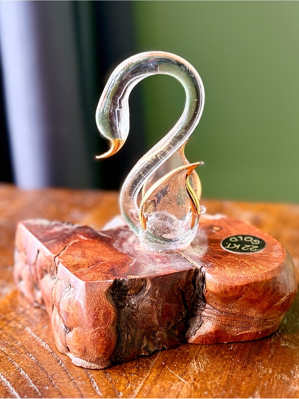 Vintage Clear Glass Swan Sculpture with Gold Accent on Wood Bark Base 22kt. Gold